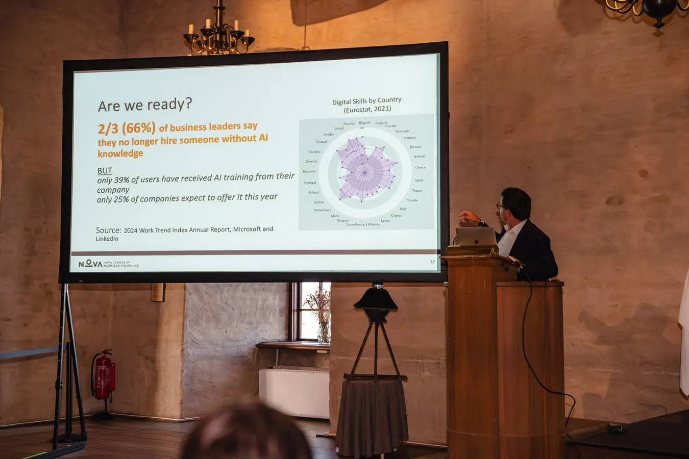 Presentation screen in a historic stone hall